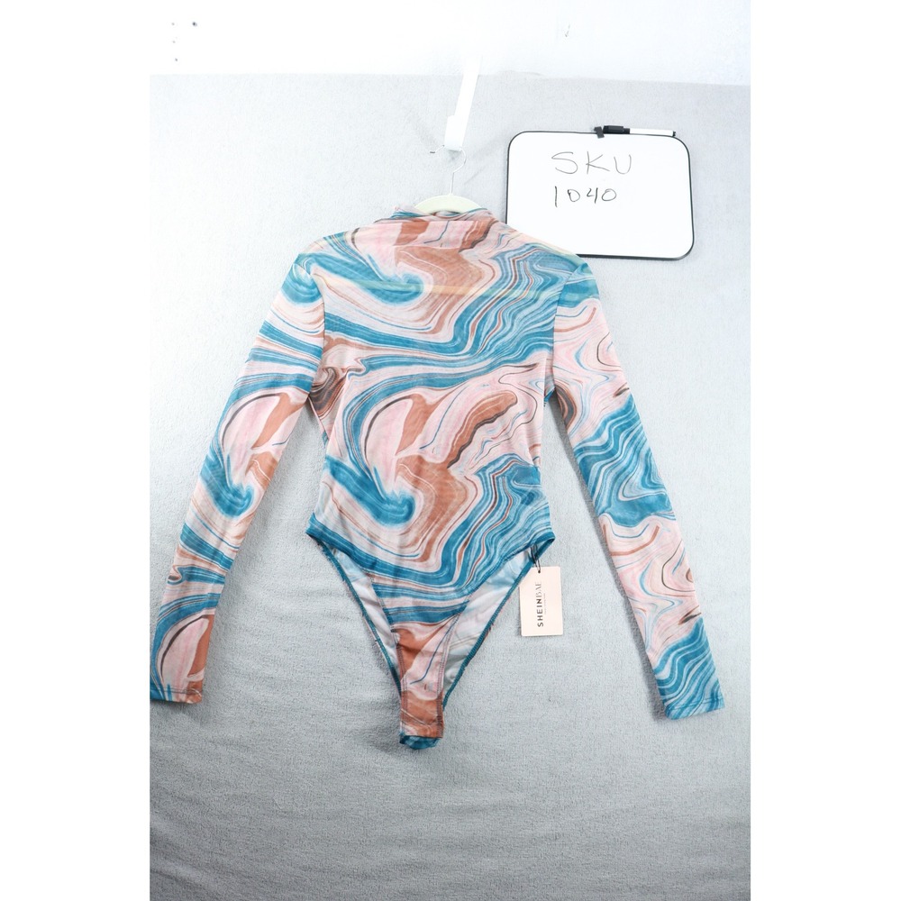 SHEIN BAE Bodysuit Womens M Multicolor Marble Print Mesh Mock Neck Long Sleeve